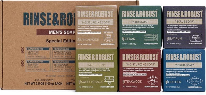 رينس & روبوست صابون Rinse & Robust Bath Bar ست قطع من مجموعة صابون مرطب ومقشر للرجال مجموعة جل الجسم واليد، خشب الصندل، خشب الأرز، روم الخليج، خشب الساج، تبغ حلو، هدية عيد للرجال - Image 3